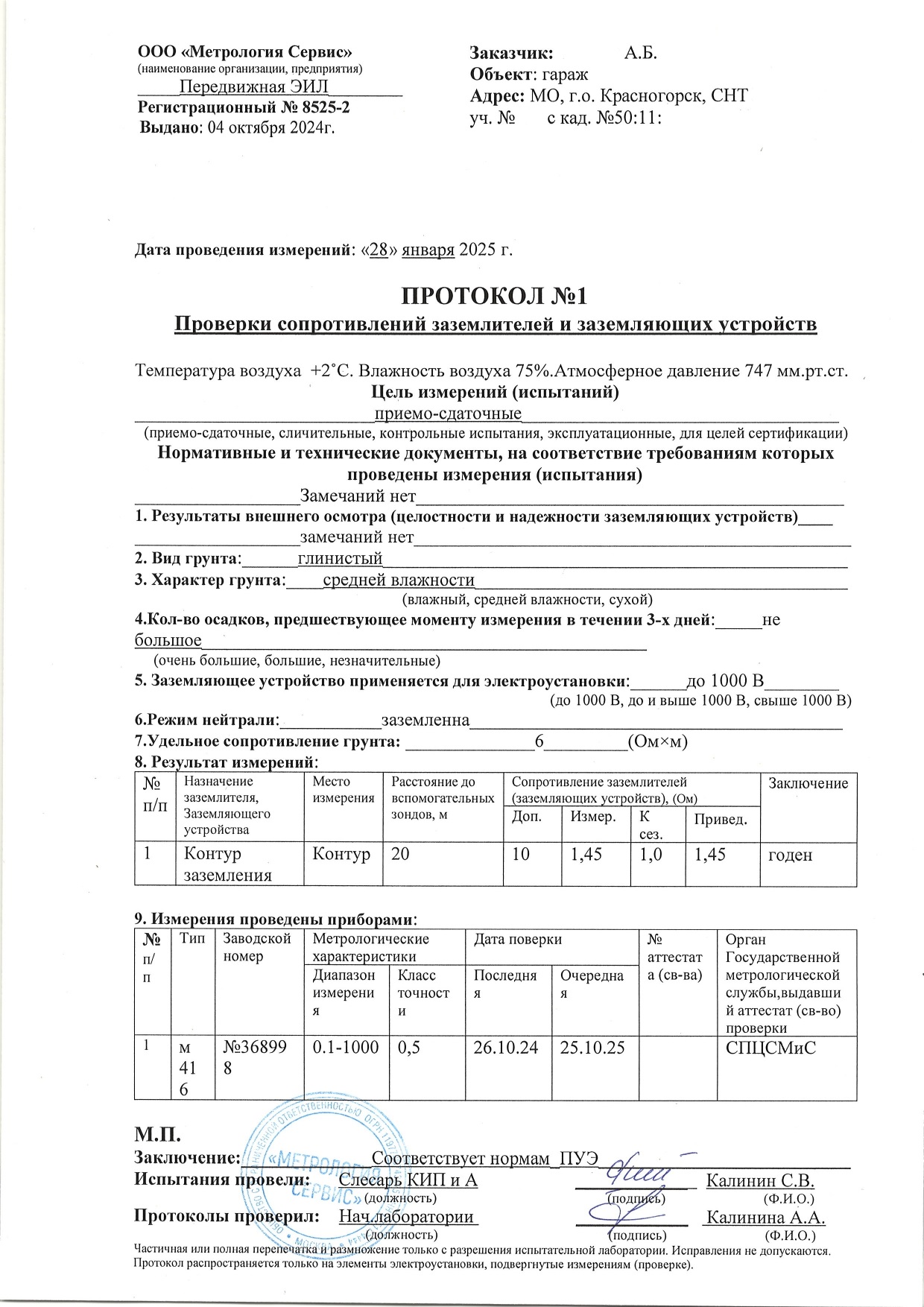 Протокол проверки заземления газового оборудования